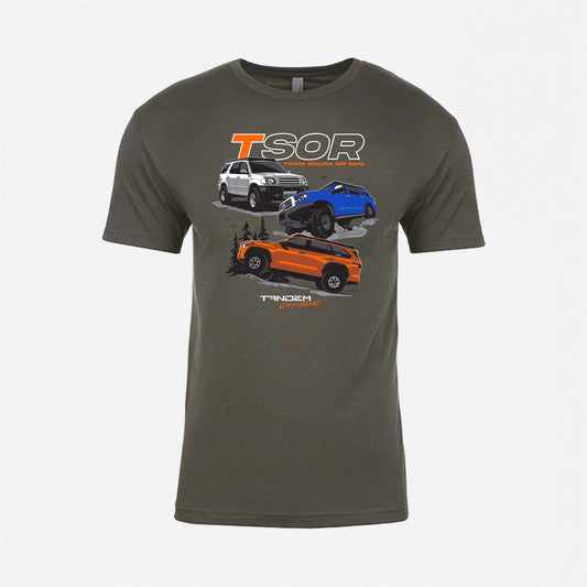 Gray t-shirt with vehicle graphics and 'TSOR' branding on a white background